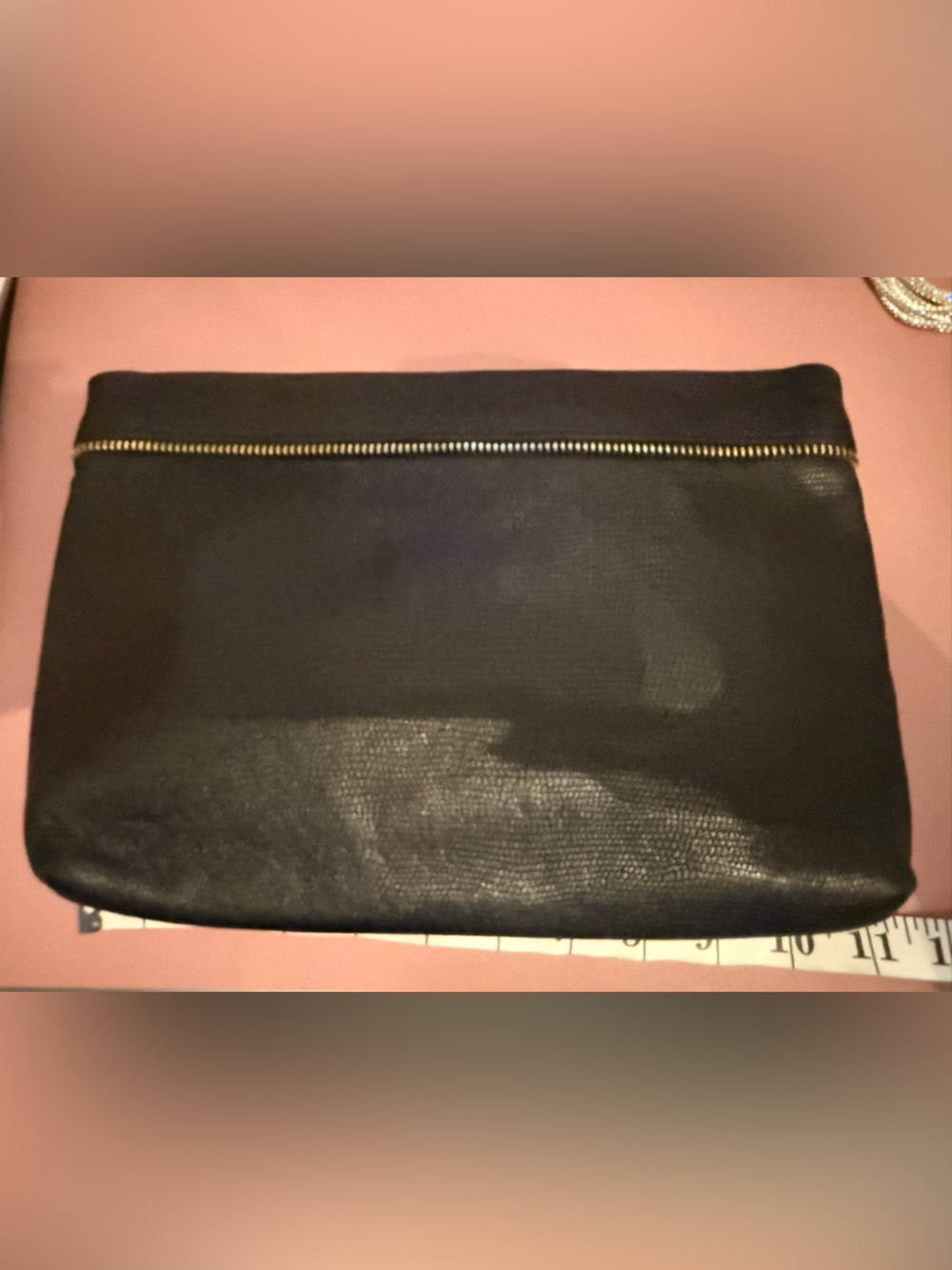 Lauren Merkin Black Snakeskin Clutch with Gold Zipper Accent